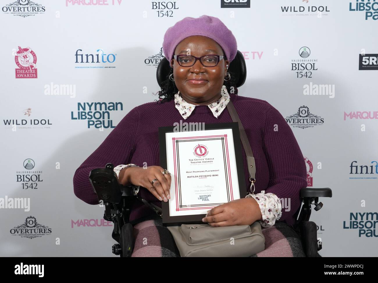 Matilda Feyisayo Ibini with her Most Promising Playwright Award at the annual UK Critics' Circle Theatre Awards, at Soho Place in London. Picture date: Monday March 25, 2024. Stock Photo