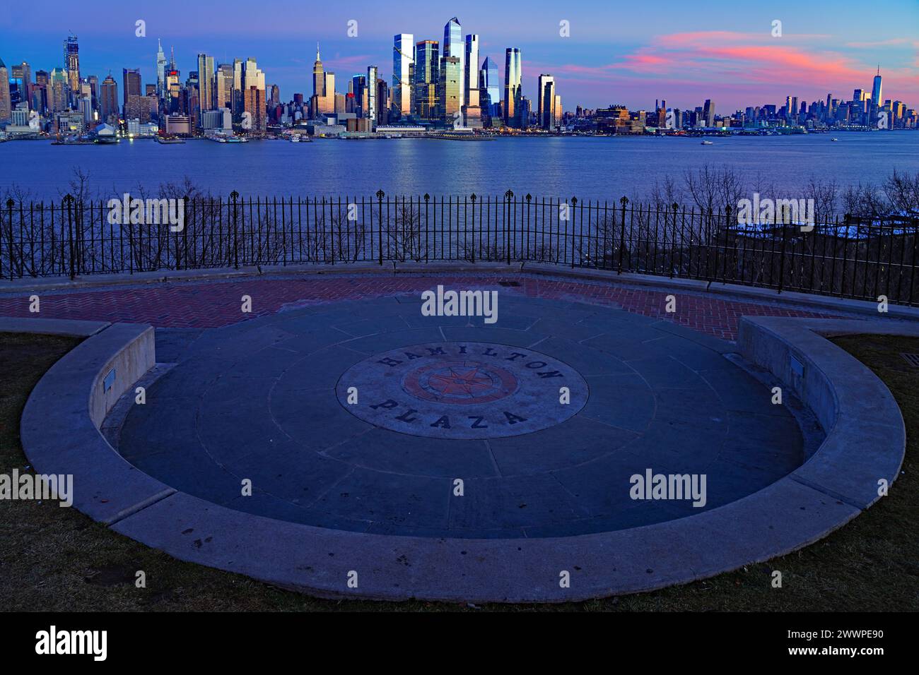 WEEHAWKEN, NJ 18 FEB 2024 Sunset view of the waterfront skyline in