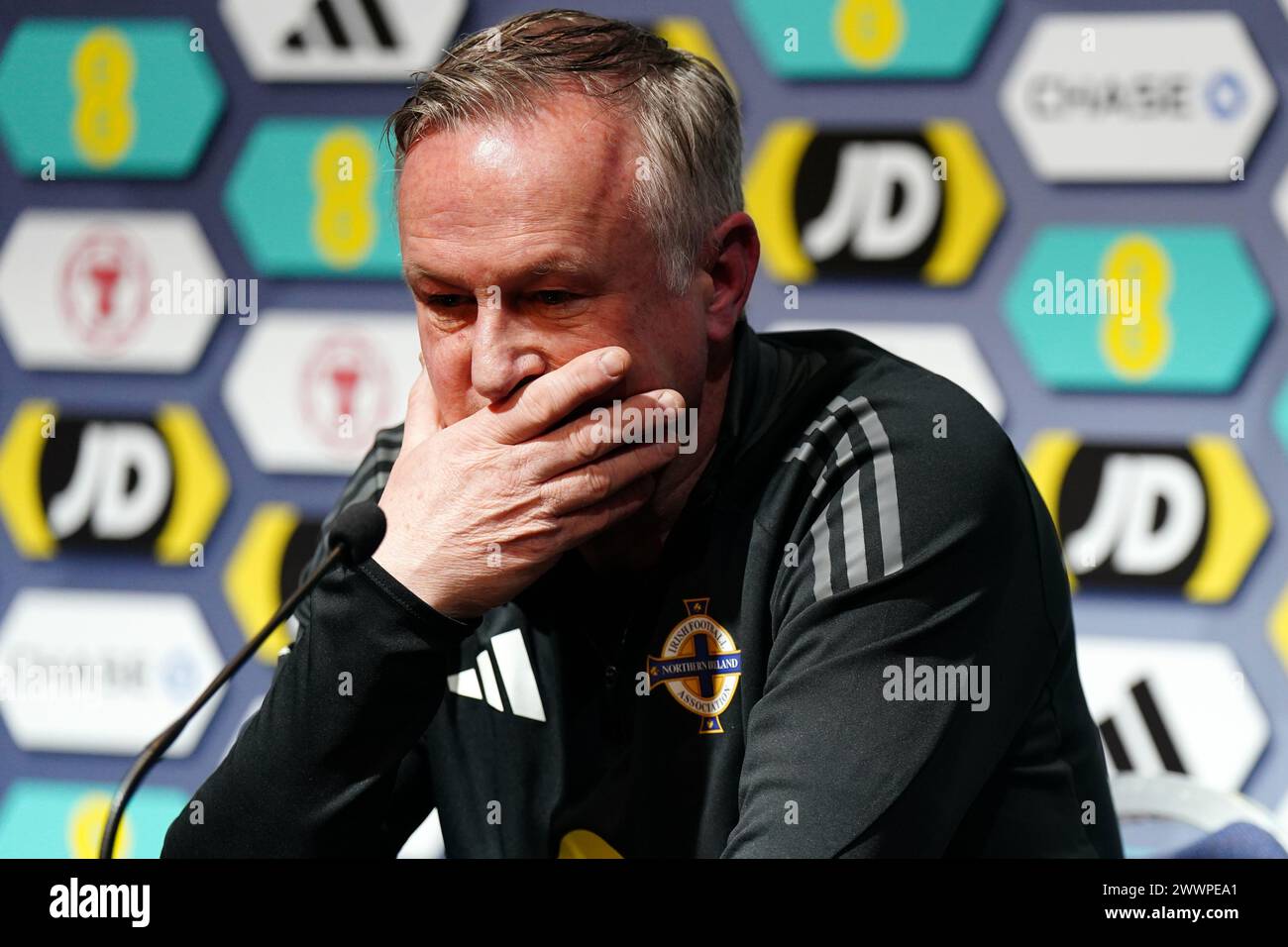 Northern Ireland manager Michael O'Neill during a press conference at Hampden Park, Glasgow. Picture date: Monday March 25, 2024. Stock Photo