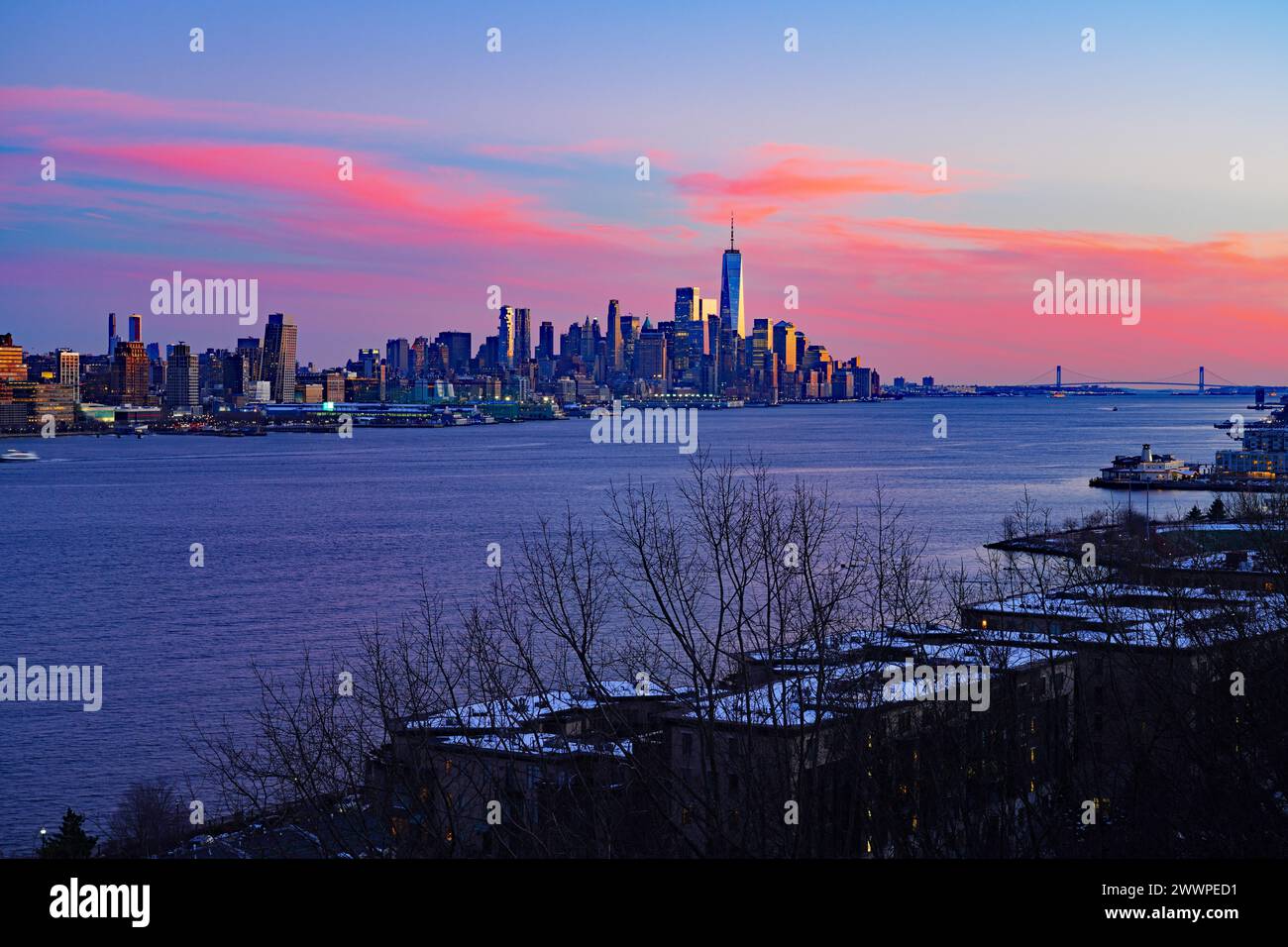 WEEHAWKEN, NJ 18 FEB 2024 Sunset view of the waterfront skyline in