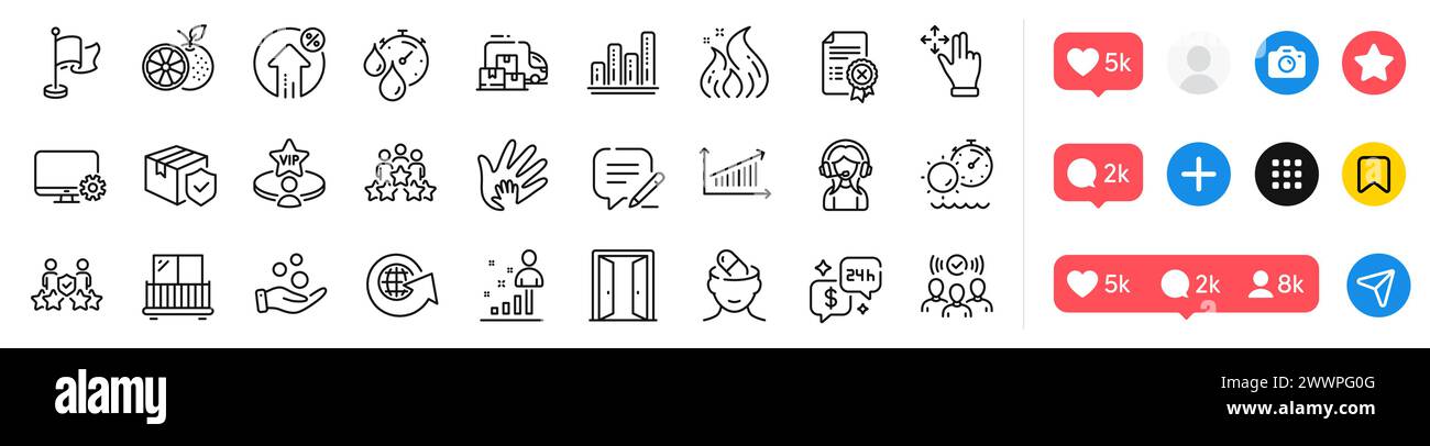 Graph chart, Social responsibility and Orange line icons pack. For web app. Social media icons. Vector Stock Vector