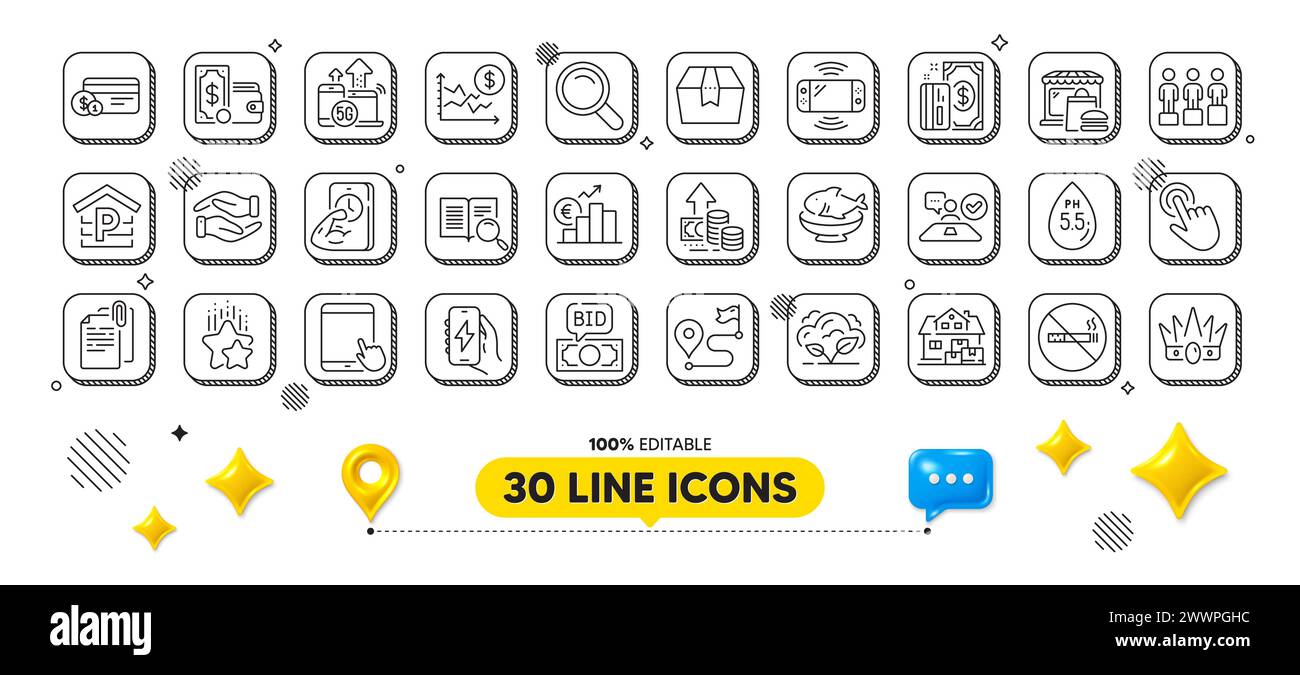 Search, Job interview and Ranking stars line icons pack. For web app. 3d design elements. Vector Stock Vector