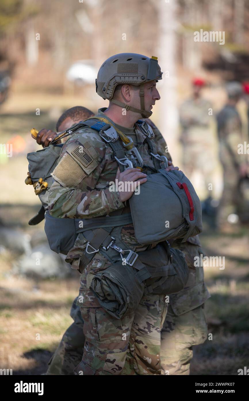 U.S. Army Rangers, assigned to the 5th Ranger Training Battalion conduct an airborne jump from a