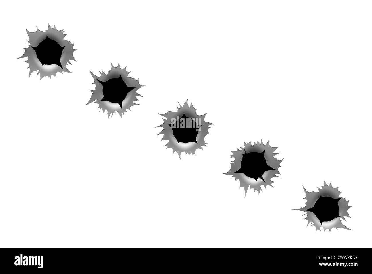 Bullet holes set isolated on white background. Realistic ragged metal holes row. Damage effect Stock Vector