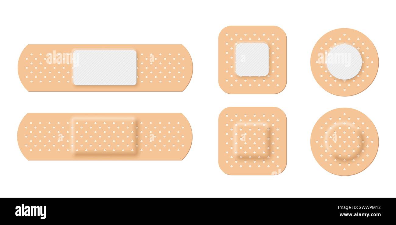 Adhesive bandage set of rectangle, square and round shapes vector illustration. 3d realistic elastic band aid, back and front view of beige plaster Stock Vector