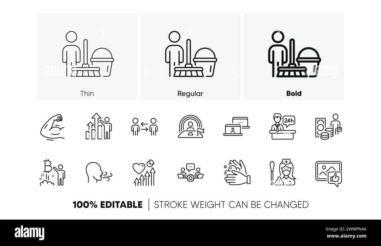 Wash hands, Outsource work and Nurse line icons. For web app, printing. Line icons. Vector Stock Vector