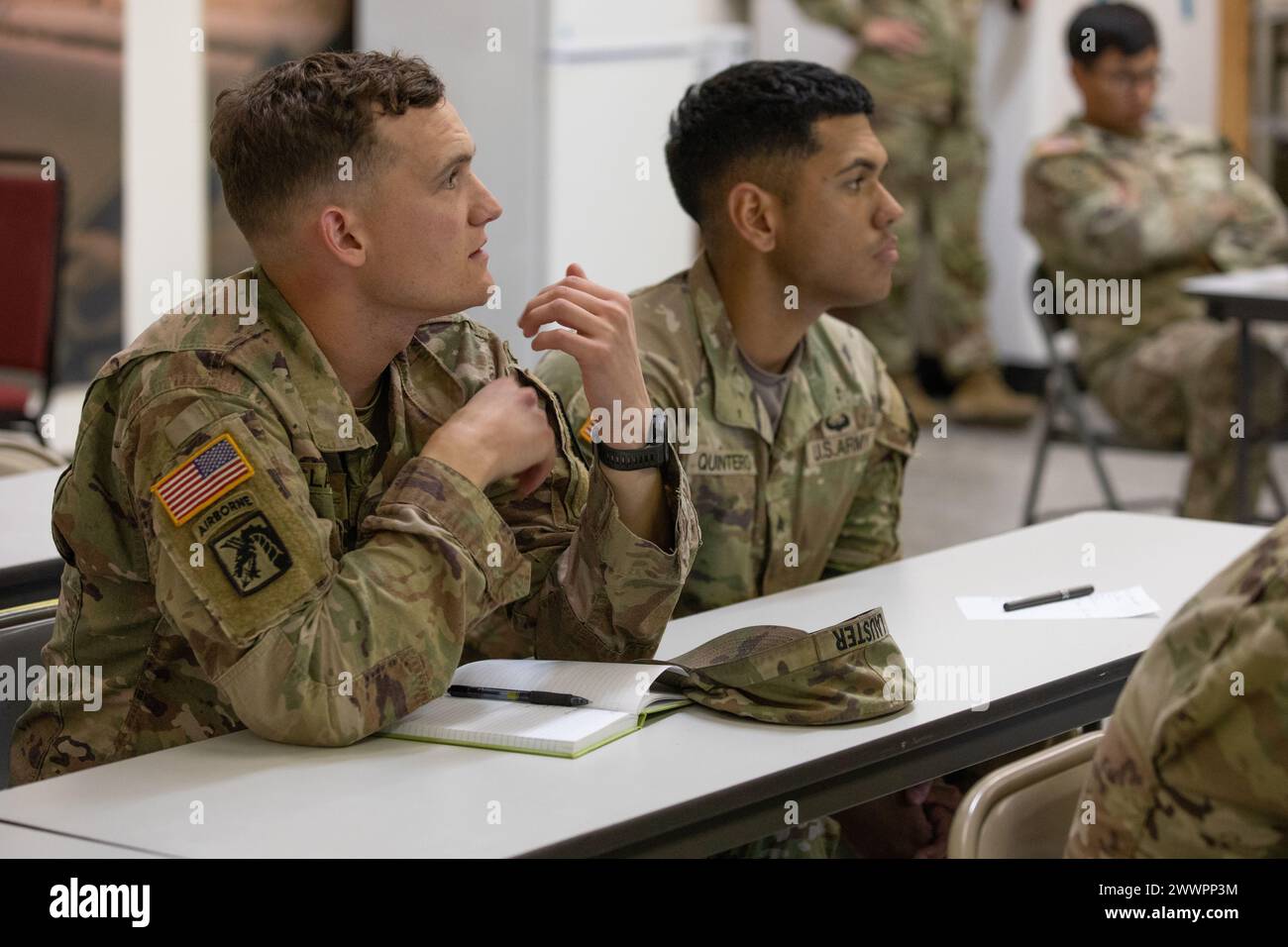 U.S. Army Sgt. Connor Lauster, left, and Sgt. Zuriel Quintero, right, assigned to 1st Cavalry Division, attend a medical course during their training at the Medical Simulation Training Center on Fort Cavazos, Texas, February 22, 2024. During this class, combat medics will learn about prehospital blood transfusion, burn wound management and more in preparation for the Best Medic competition.  Army Stock Photo