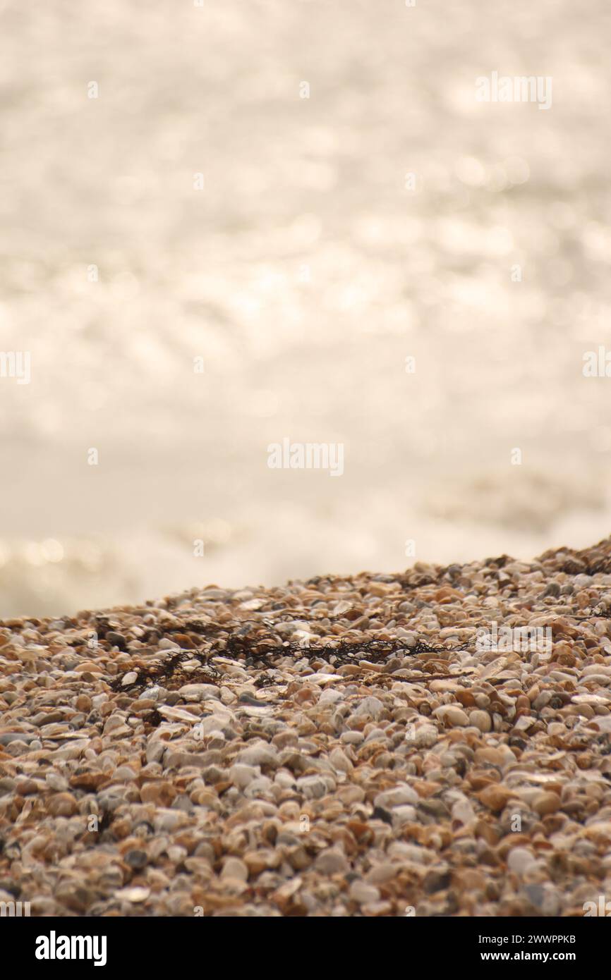 Pebbles in the foreground with a wave out of focus behind. Stock Photo