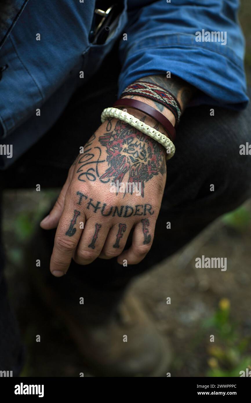 Fully covered hand tattoos close up Stock Photo