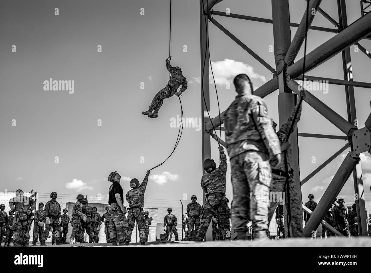 Air Assault candidates rappel off the rappel towers on Camp Buehring, Kuwait, February 20, 2024. After successfully rappeling from the towers, candidates will rappel out of rotary wing aircraft.  Army Stock Photo