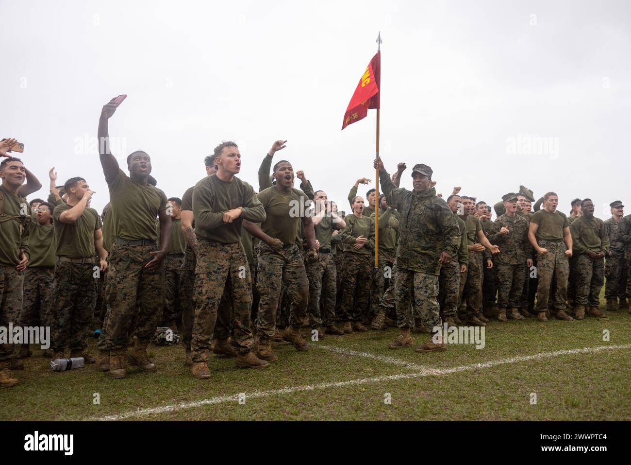 U.S. Marines with Marine Wing Support Squadron (MWSS) 172 cheer after winning first place in a field meet at Camp Foster, Okinawa, Japan, Feb. 9, 2024. Marines with Marine Wing Headquarters Squadron 1, MWSS-172, and Marine Aviation Logistics Squadron 36 held the field meet to foster a sense of comradery, healthy competition, and esprit de corps between the three squadrons.  Marine Corps Stock Photo