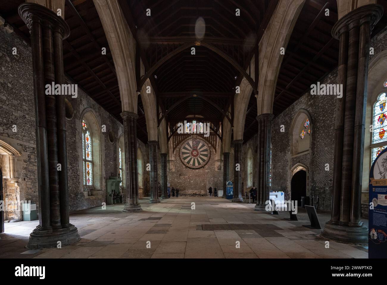 The 13th century Great hall in Winchester , England with its round table mounted on a wall. March 2024. Stock Photo
