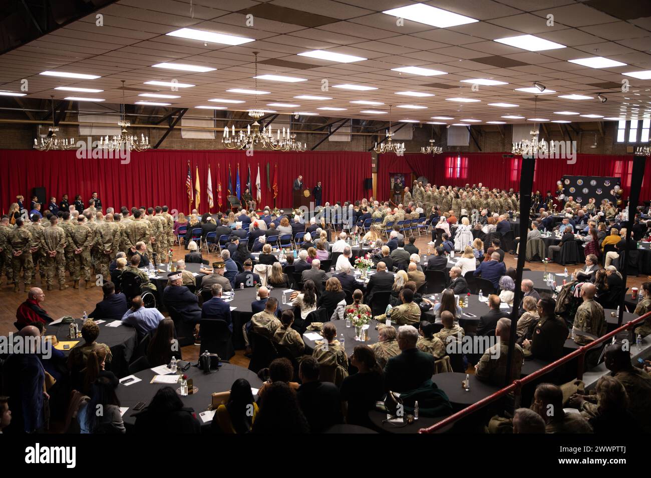 New Jersey Gov. Philip D. Murphy addresses the audience during the promotion ceremony of Brig. Gen. Lisa J. Hou, D.O., The Adjutant General of New Jersey, at the National Guard Armory in Lawrenceville, New Jersey, Feb. 3, 2024. Hou was promoted to major general and commands more than 8,400 Soldiers and Airmen of the New Jersey National Guard. As Commissioner of the New Jersey Department of Military and Veterans Affairs, Hou leads, directs, and manages the New Jersey Department of Military and Veterans Affairs in the execution of federal and state missions. In addition, she manages all state ve Stock Photo