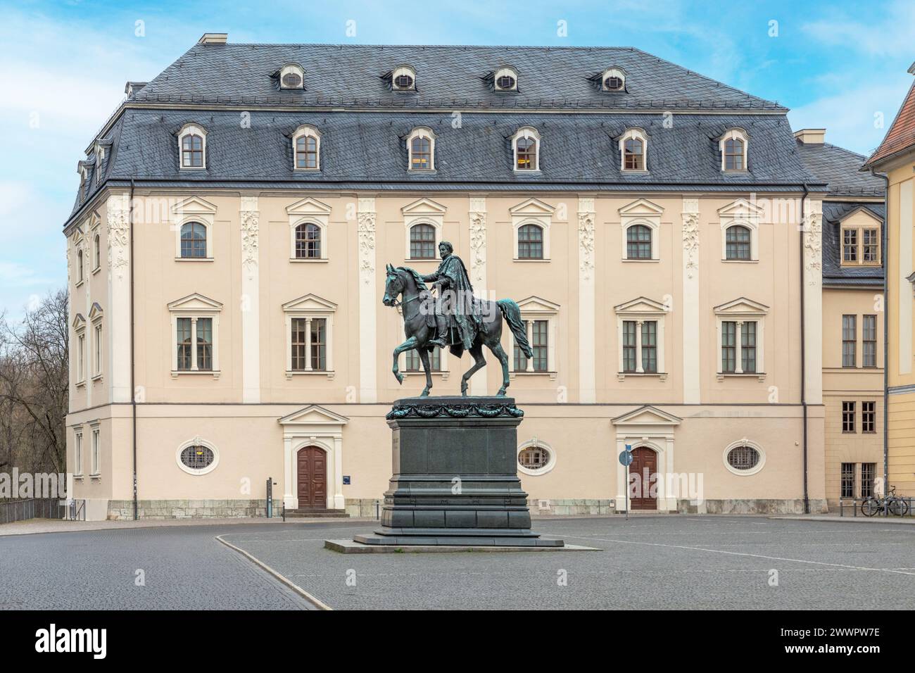 Place of Democracy in city of Weimar in Germany. Equestrian sculpture of Carl August - Duke of Saxe-Weimar-Eisenach Stock Photo