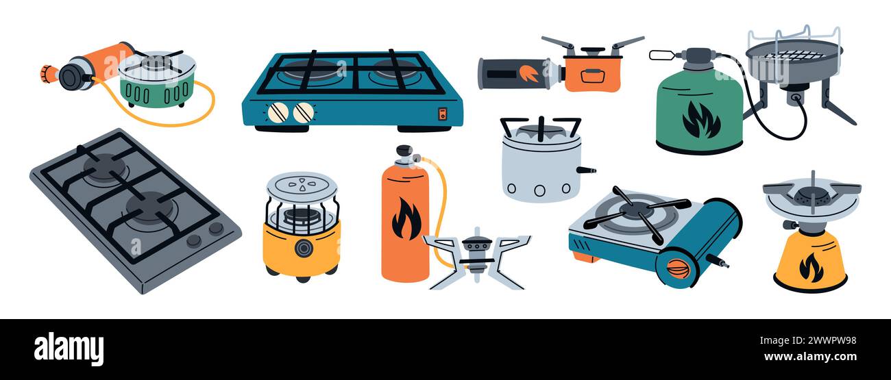 Gas stoves. Travel and hiking portable burners. Cooking outdoors device. Camping furnace. Propane cylinder. Fuel balloon. Camp oven. Touristic kitchen Stock Vector