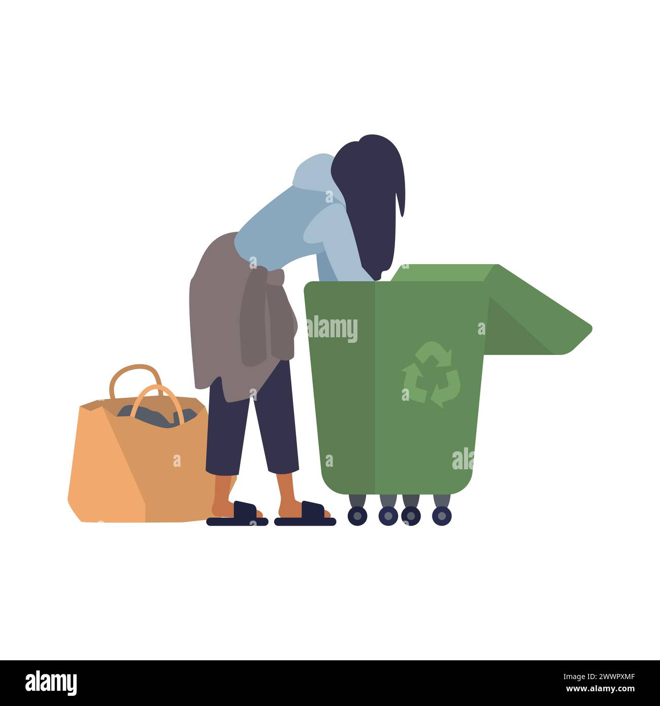 Homeless poor woman opening city trash container to find food and