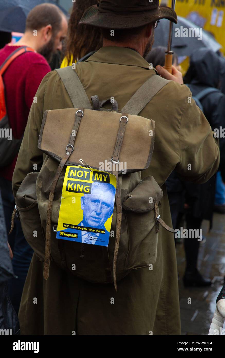 An anti-monarchy poster is seen in central London as Britain celebrates the coronation of the King. Stock Photo