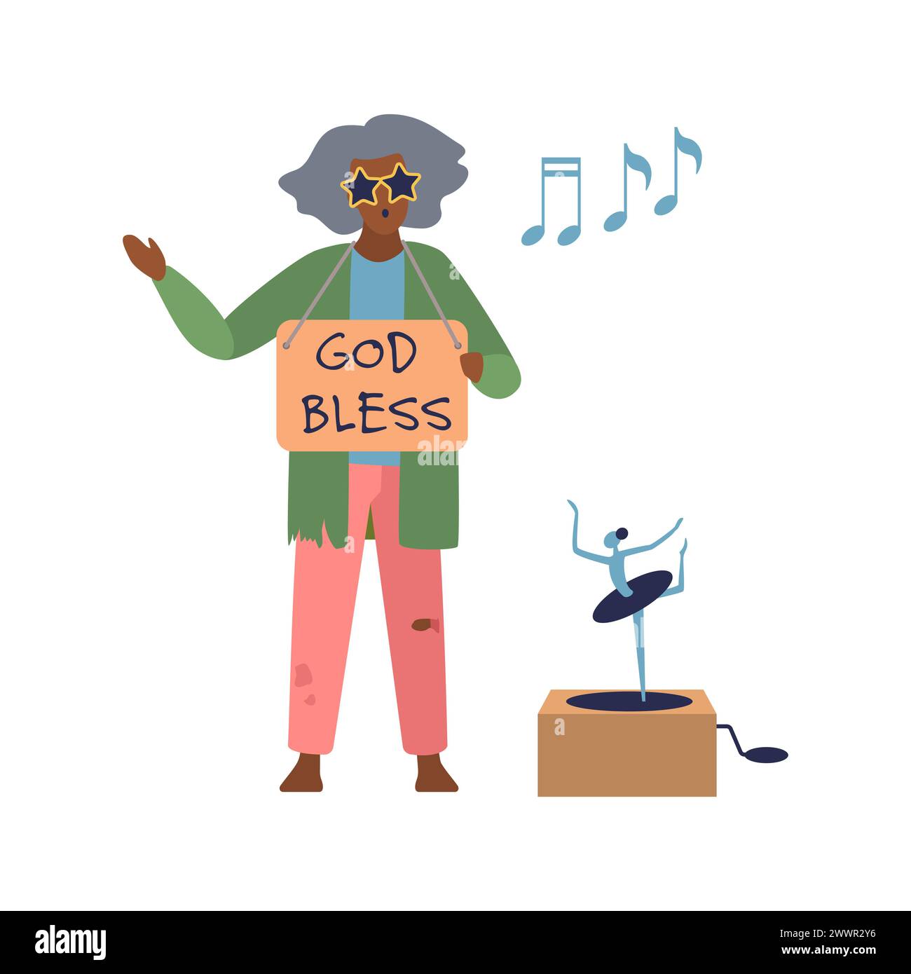 Homeless poor character begging for alms and singing to music vector illustration Stock Vector