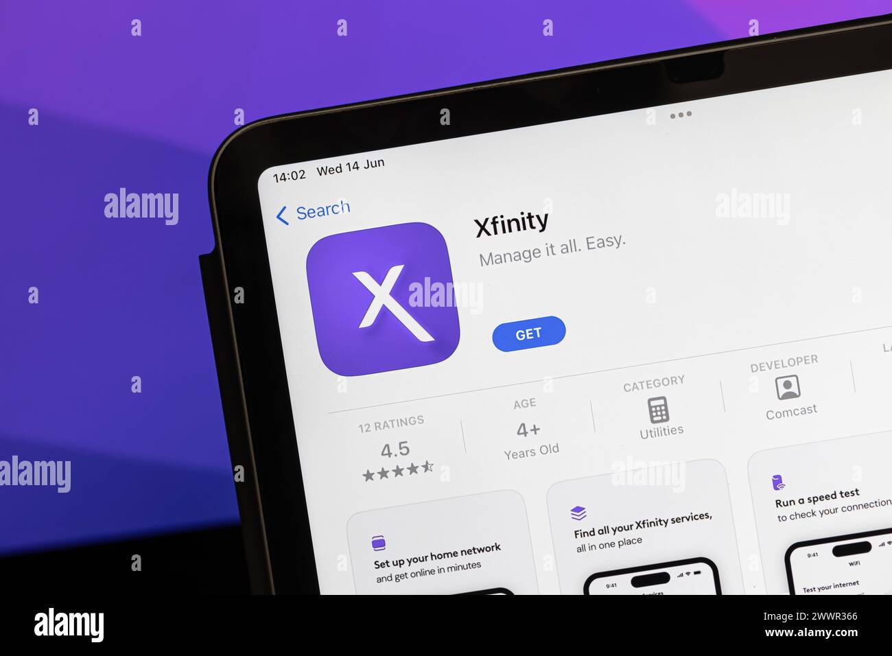 Ostersund, Sweden - June 14, 2023: Xfinity app on an ipad. Xfinity provides three basic services: cable TV, internet, and phone.. Stock Photo