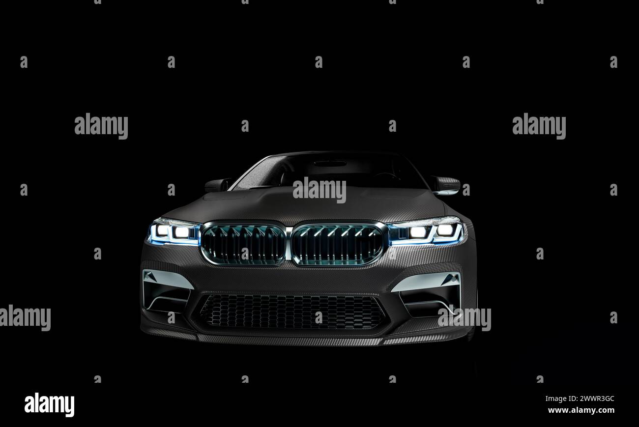 Modern luxury sedan illuminated on a dark background. 3d render Stock ...