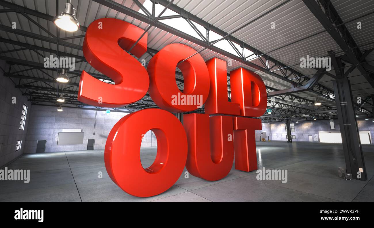Bold red 3d letters spelling sold out in a spacious, empty warehouse interior Stock Photo
