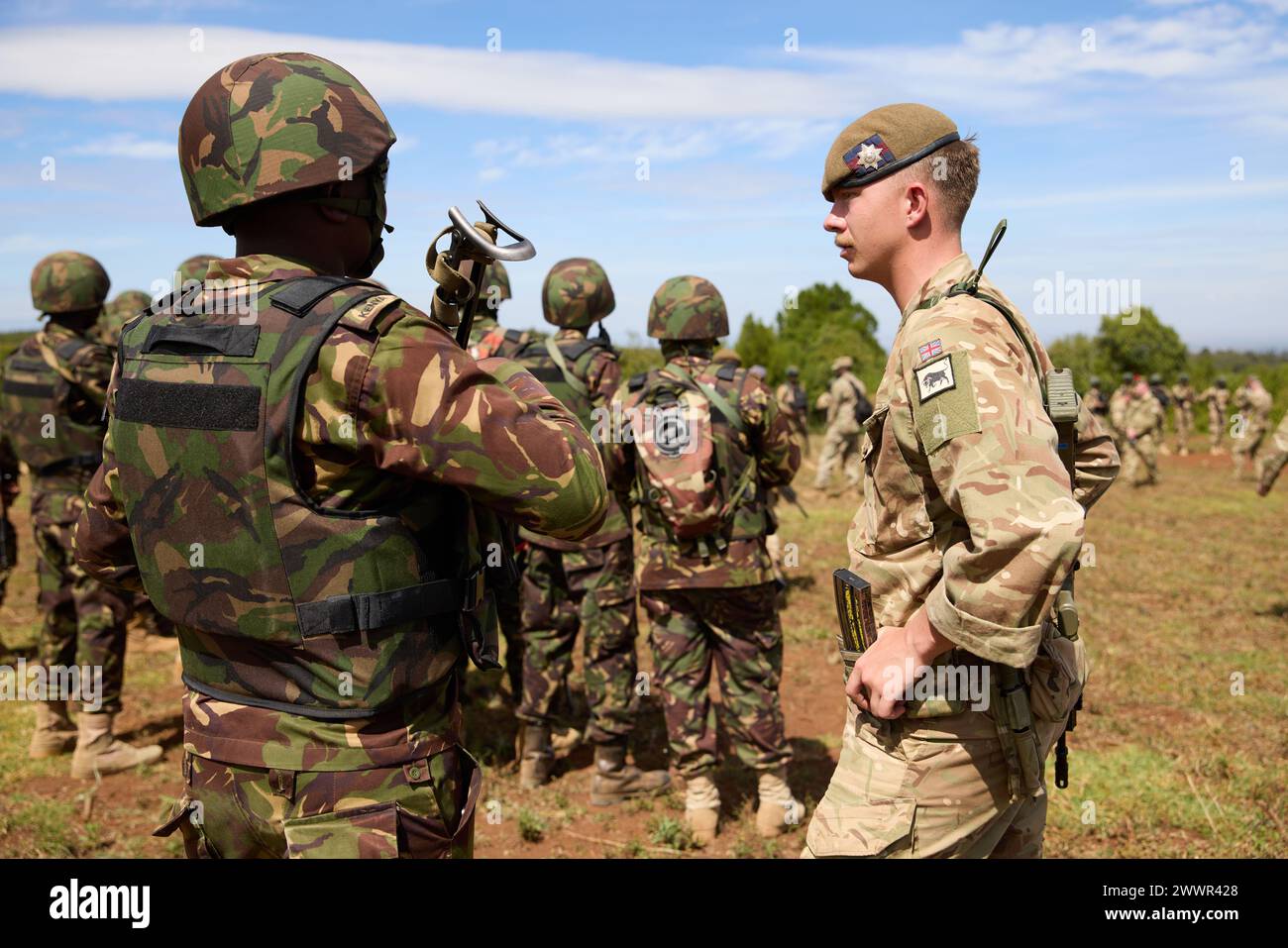 Military members from the Kenya Defence Forces and 1st Battalion Irish Guards, part of the 11th Security Force Assistance Brigade, British Army, discuss the urban operations training during Justified Accord 2024 (JA24) at the Counter Insurgency Terrorism and Stability Operations Training Centre in Nanyuki, Kenya February 26, 2024. JA24 is U.S. Africa Command's largest exercise in East Africa, running from February 26 - March 7. Led by U.S. Army Southern European Task Force, Africa (SETAF-AF), and hosted in Kenya, this year's exercise will incorporate personnel and units from 23 nations. This m Stock Photo