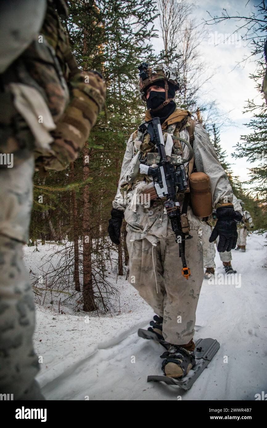 A U.S. Soldier, assigned to 1st Battalion, 5th Infantry Regiment, 1st Infantry Brigade Combat Team, 11th Airborne Division, walks through the snow during Joint Pacific Multinational Readiness Center 24-02 at Donnelly Training Area, Alaska, Feb. 17, 2024. JPMRC 24-02 is held in the coldest part of the Alaskan winter, exposing roughly 10,000 joint, multi-national service members to unforgiving conditions, transferring the division’s expertise in the Arctic in support of the Army, the DoD and the Nation’s Arctic and Defense Strategies.  Army Stock Photo