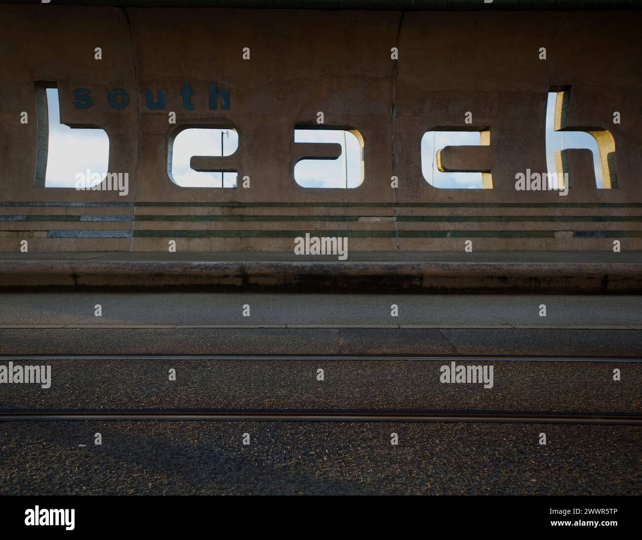 Artistic beach sign, south shore, Blackpool, Lancashire, UK Stock Photo