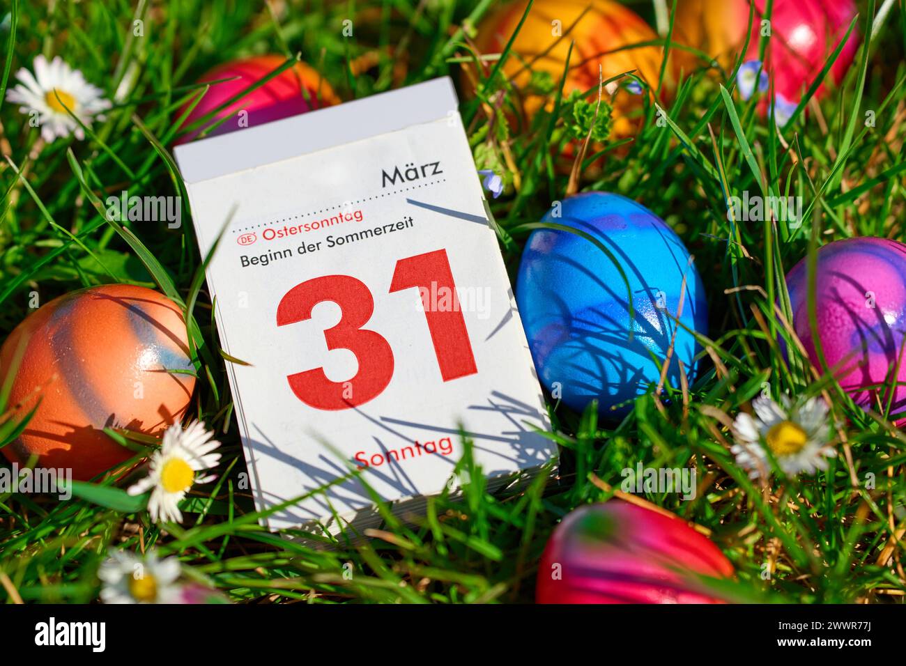 Augsburg, Bavaria, Germany - March 25, 2024: Symbolic image of the time change from winter time to summer time at Easter. A calendar in a meadow together with colorful Easter eggs and the date 31 March, Easter Sunday *** Symbolbild Zeitumstellung von Winterzeit auf Sommerzeit an Ostern. Ein Kalender in einer Wiese zusammen mit bunten Ostereiern und dem Datum 31 März, Ostersonntag Stock Photo