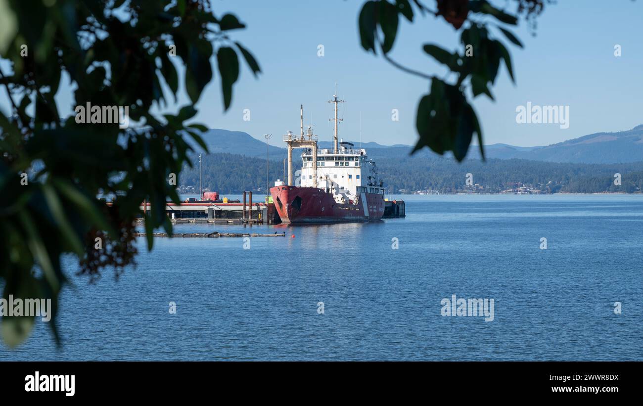 View of coastline along Saanich Inlet, Vancouver Island, British ...