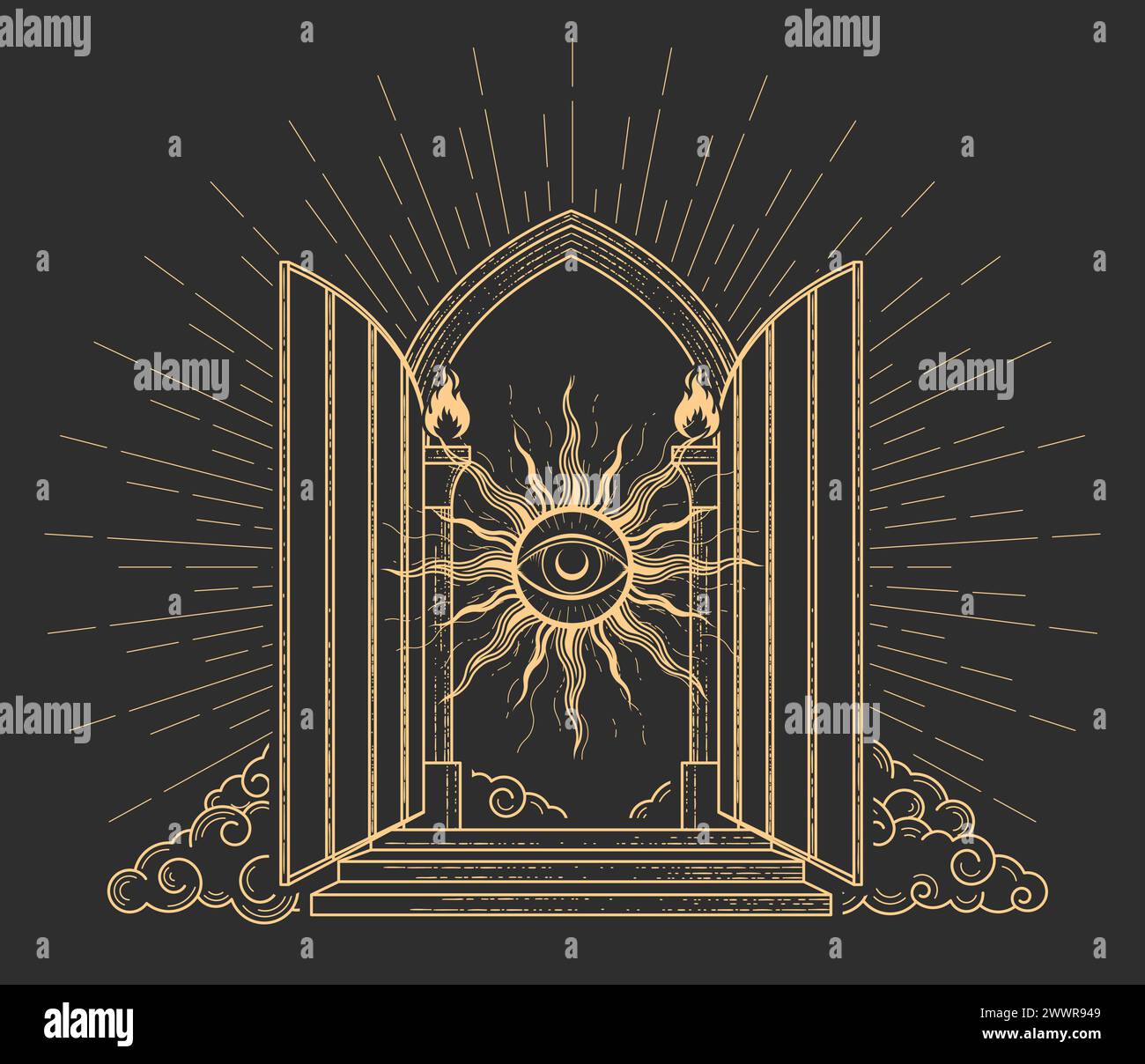 Open gates of heaven with sun and all-seeing eye, portal with grate door in clouds, arch entrance to paradise, vector Stock Vector