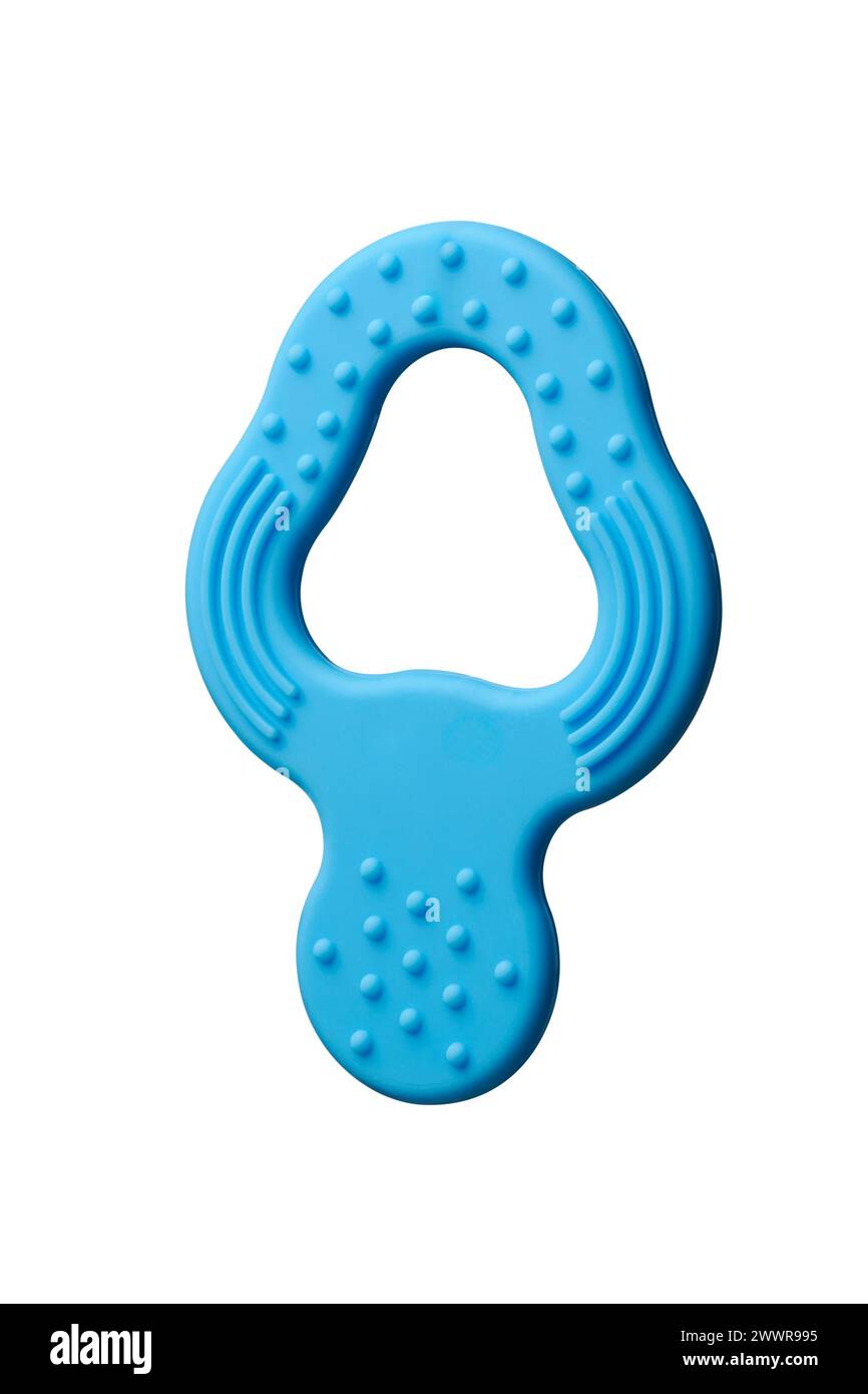 blue color natural rubber baby teether, soothing aids for teething babies to chew on, free from harmful chemicals and easy to clean and maintain Stock Photo