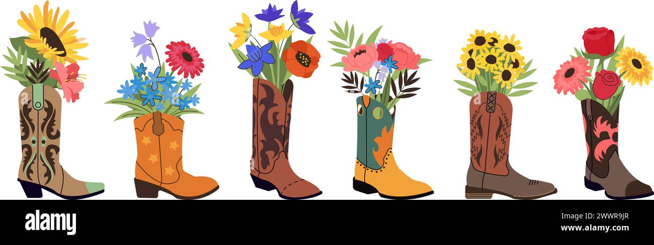 Flowers in cowboy boots. Cowgirl shoes with floral bouquets. Wild west accessories design, fashion decorative elements Stock Vector