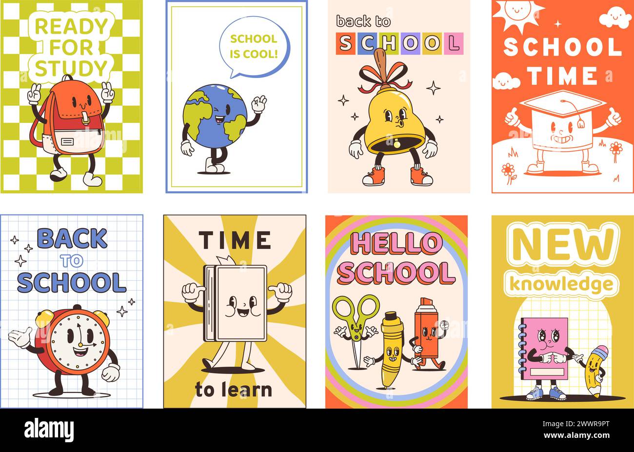 Back to school cards. Retro style posters with funky stationery characters. Groovy book and alarm, bell and globe. Motivational snugly vector banners Stock Vector