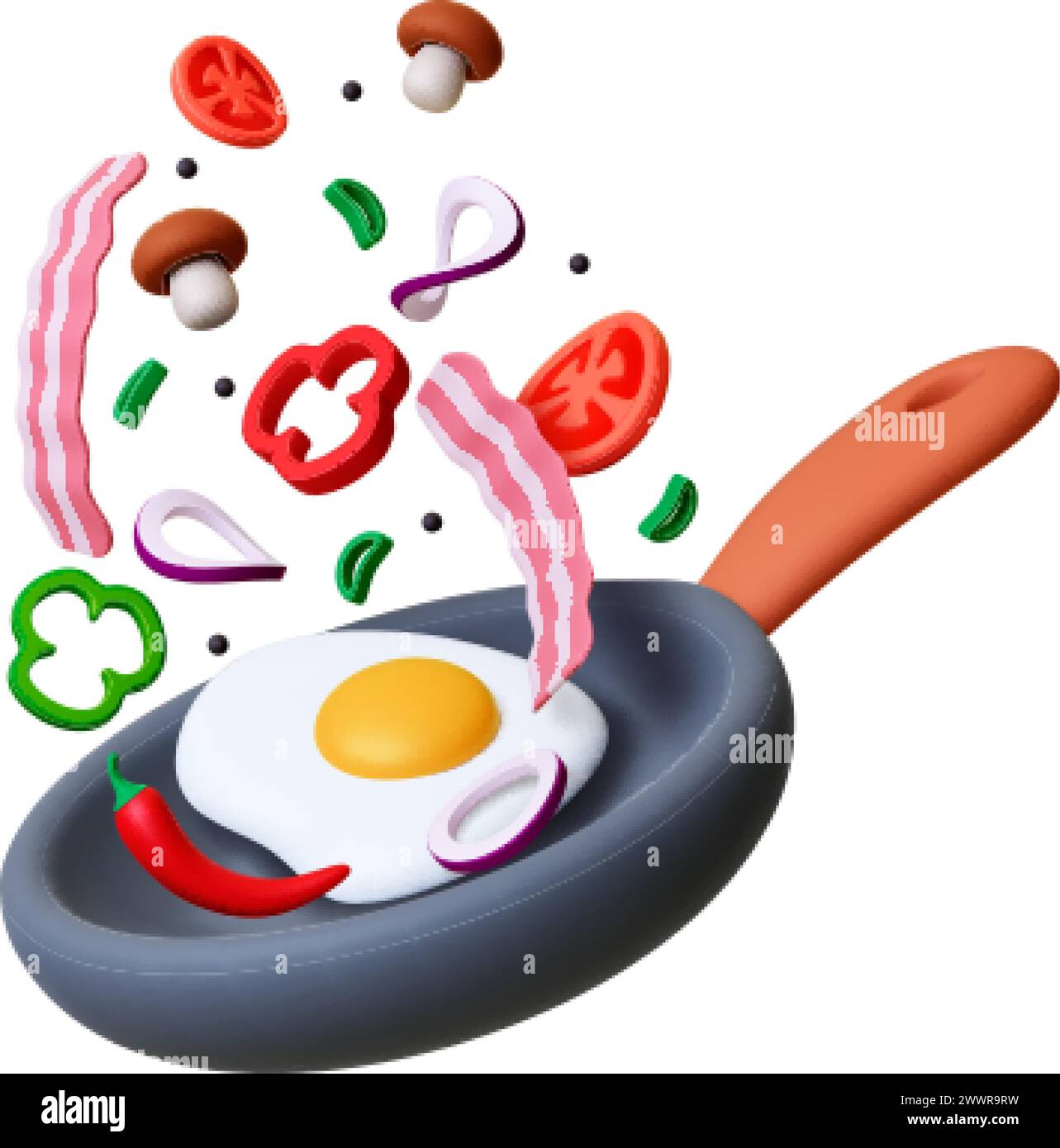 Cooking breakfast 3d concept. On pan frying eggs, vegetables and bacon slices. Morning food exploding on fry pan. Realistic ingredients, pithy vector Stock Vector