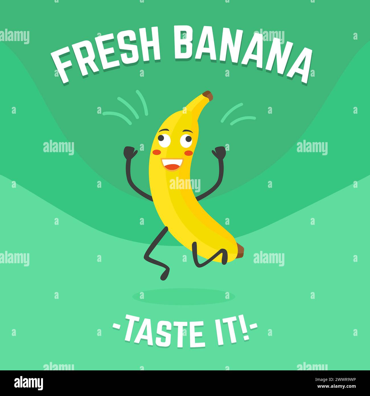 Bananas poster. Positive crazy banana character on advertising placard or card. Tropical fruit market, healthy vegan nutrition, neoteric vector Stock Vector