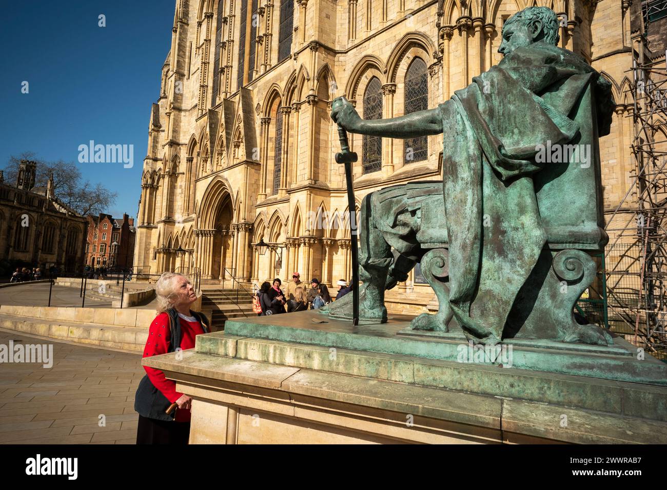 York Minster York England March 2024 The Statue of Constantine the Great is a bronze statue depicting the Roman emperor Constantine I seated on a thro Stock Photo