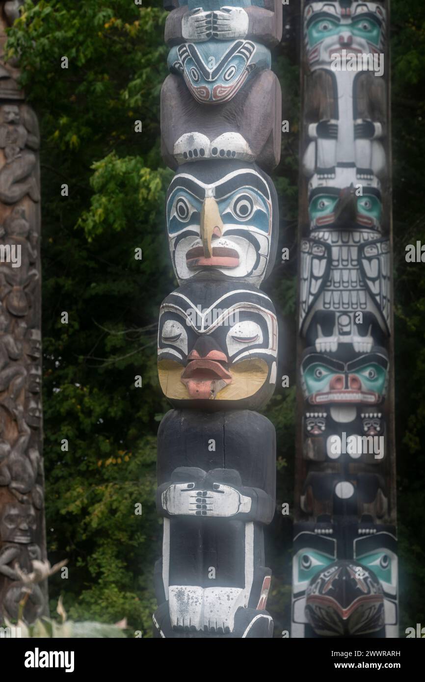 Totem Poles in Stanley Park, Vancouver, British Columbia, Canada Stock Photo
