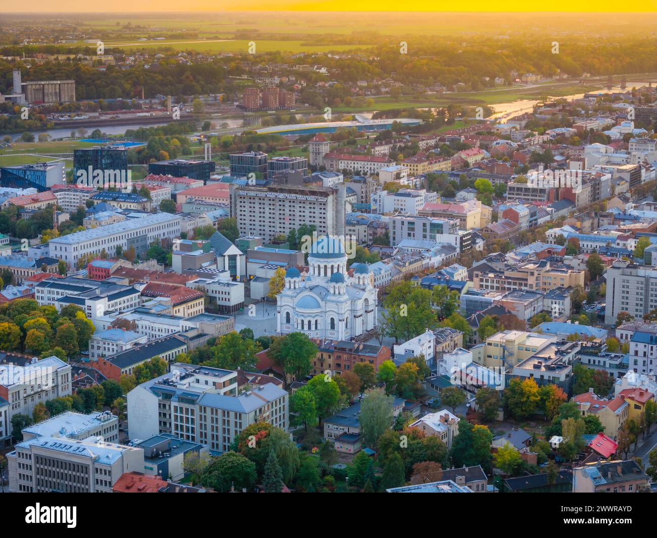 Aerial landscape view of Kaunas new city center with sobor in middle ...
