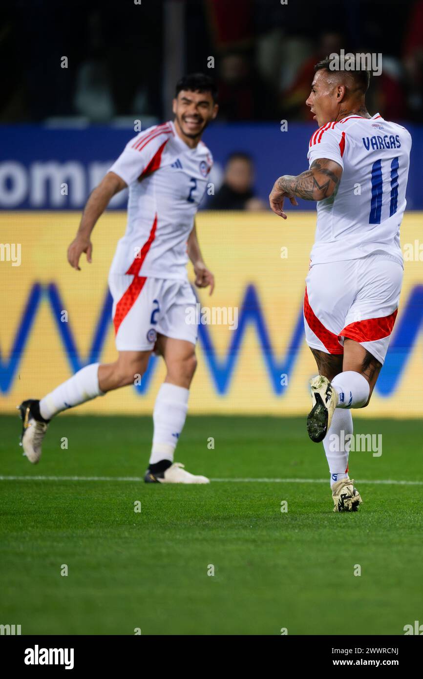 Parma, Italy. 22 March 2024. Eduardo Vargas of Chile celebrates after scoring the opening goal during the international friendly football match between Albania and Chile. Credit: Nicolò Campo/Alamy Live News Stock Photo