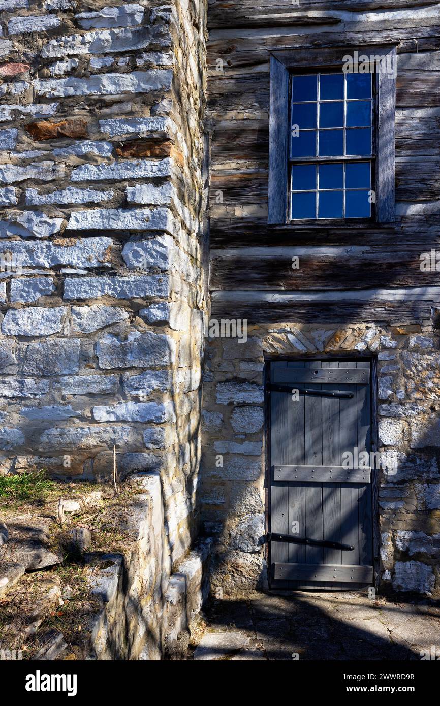 Close up of a section of a old building made of stone and timber. Stock Photo