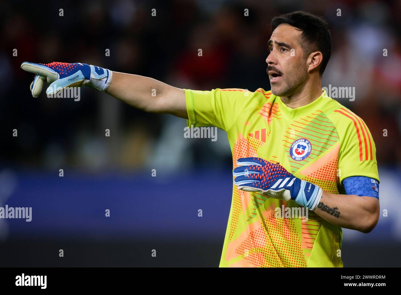 Parma, Italy. 22 March 2024. Claudio Bravo of Chile gestures during the international friendly football match between Albania and Chile. Credit: Nicolò Campo/Alamy Live News Stock Photo