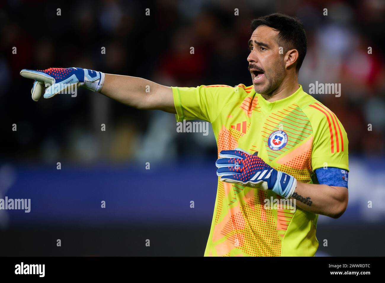 Parma, Italy. 22 March 2024. Claudio Bravo of Chile gestures during the international friendly football match between Albania and Chile. Credit: Nicolò Campo/Alamy Live News Stock Photo