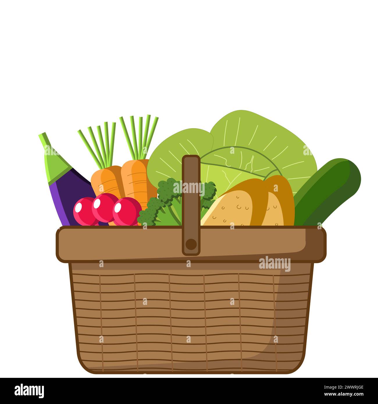 Fresh vegetables in a basket, Cabbage, Potato, Radish, Broccoli clipart, Healthy Eating concept Stock Vector