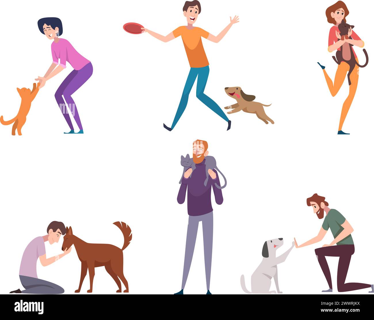 Pet owners. Happy people hugging domestic animals playing and caring exact vector illustrations in cartoon style Stock Vector