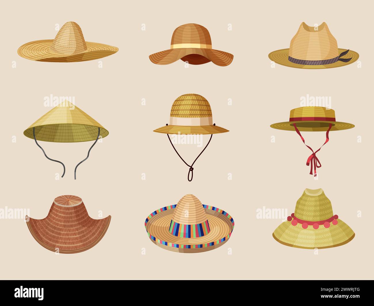 Straw hats. Different fashioned head protection from sun panama farmer headwear cowboy hat recent vector cartoon pictures Stock Vector