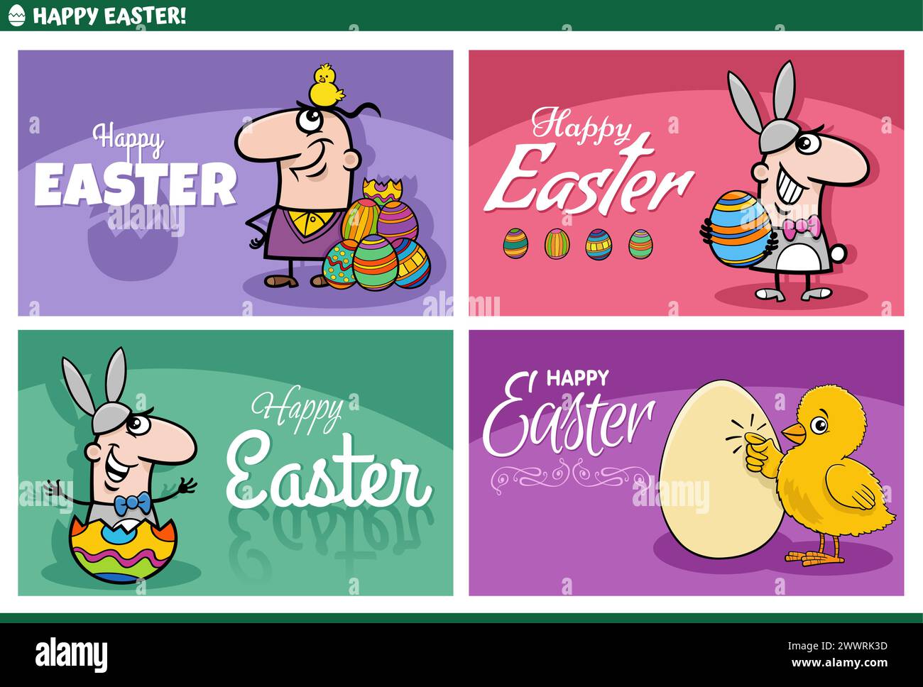 Cartoon illustration of Easter holiday greeting cards designs set with
