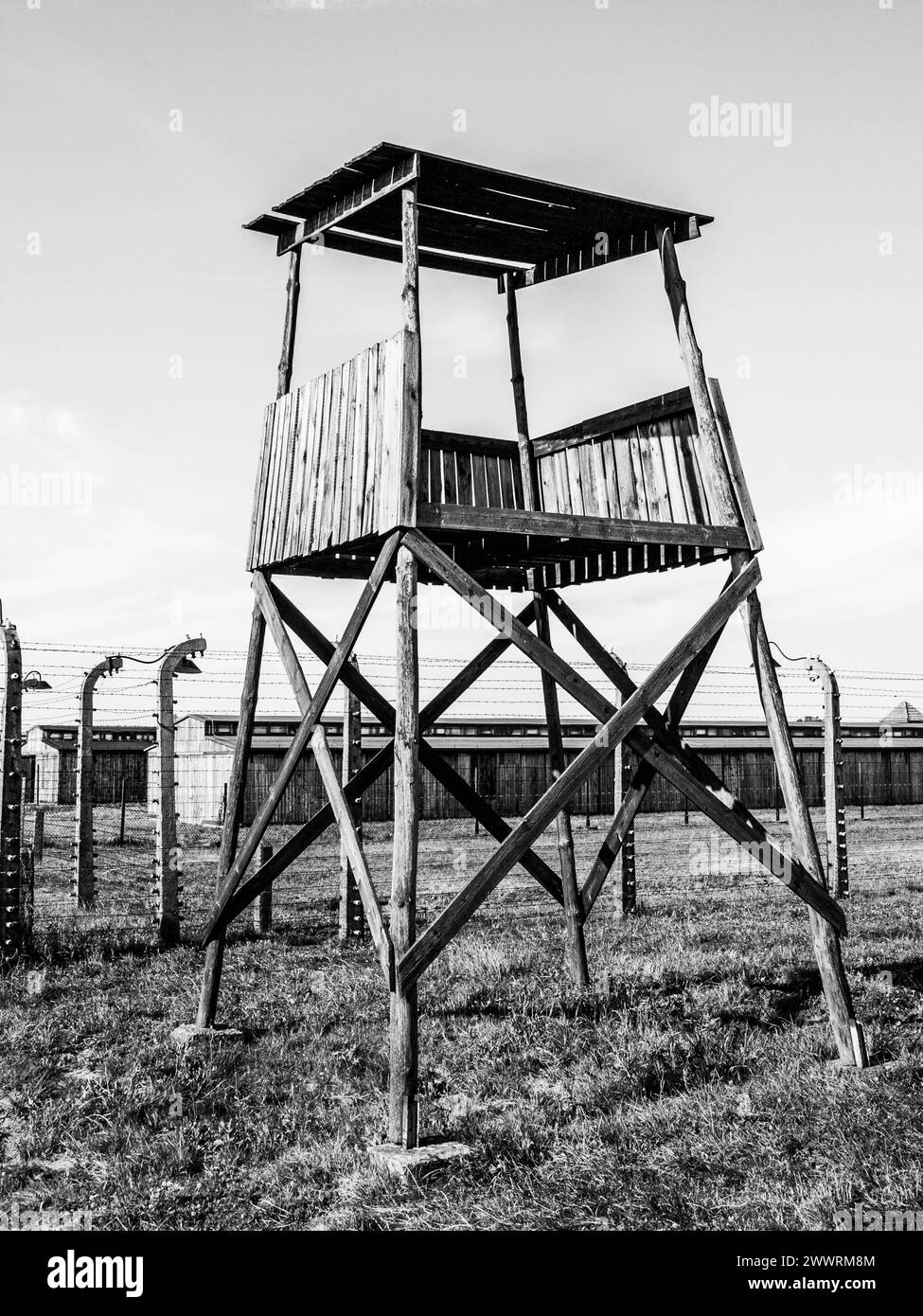 Old wooden watch tower in concentration camp Auschwitz Birkenau