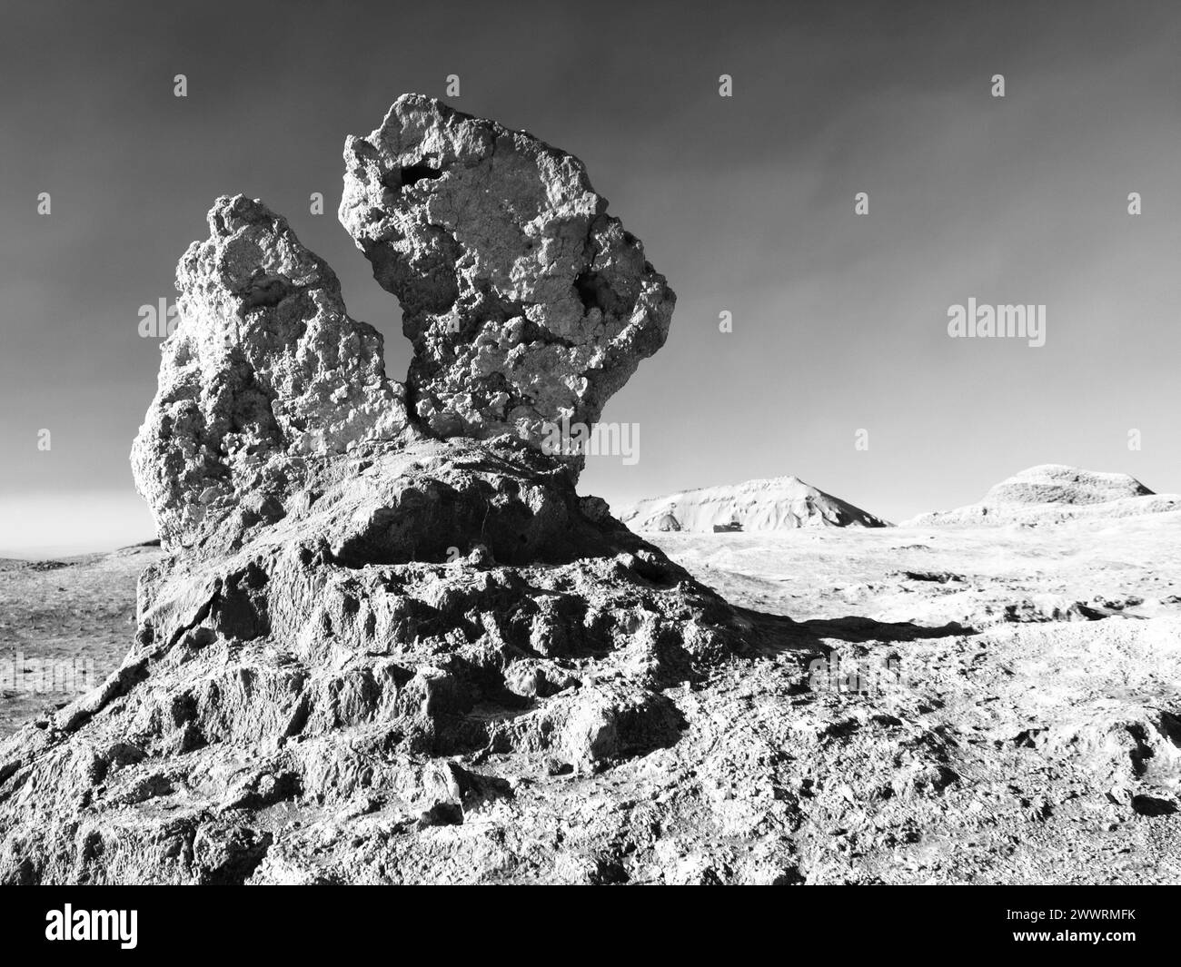 Bizarre rock formation in Moon Valley near San Perdo of Atacama, Chile. Black and white image. Stock Photo