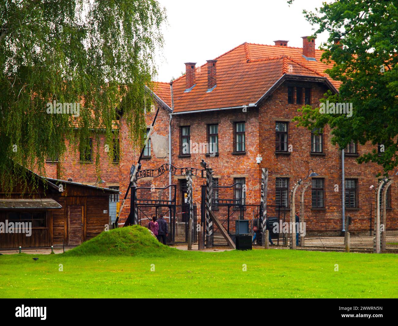 Entrance to the Auschwitz (Oswiecim) concentration camp (Poland) Stock Photo